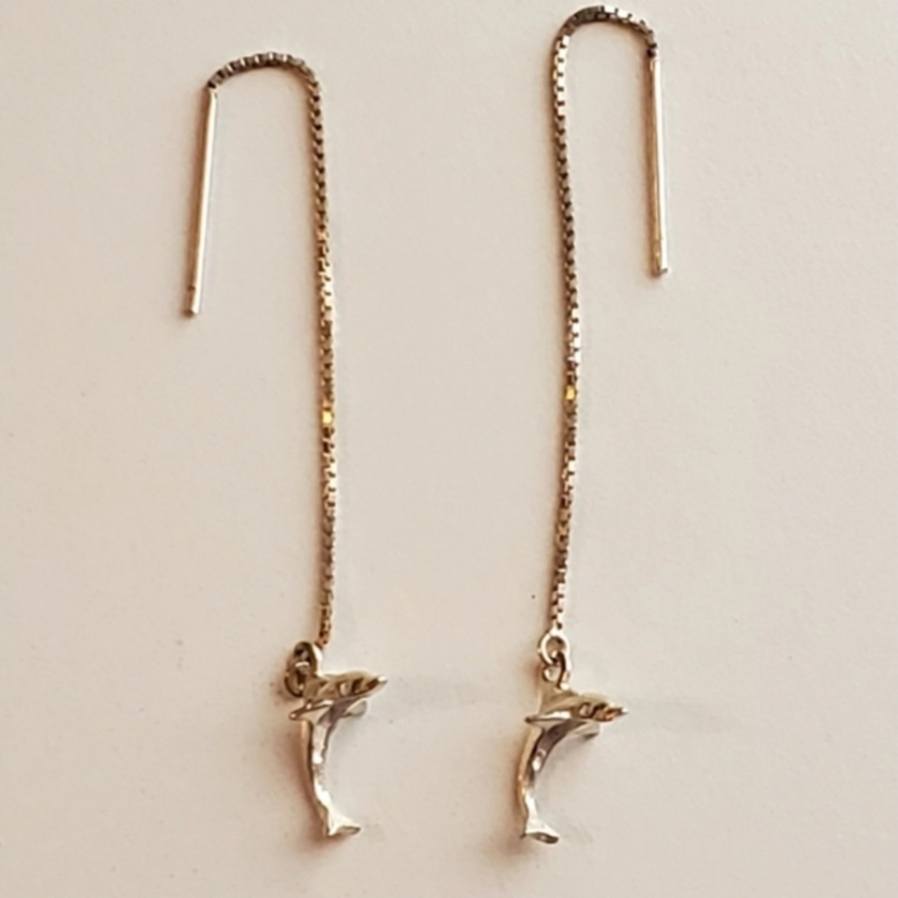 Vtg 925 Dainty Dolphin Threader Earrings